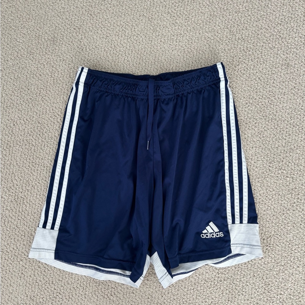 Adidas Men's Dark Blue Athletic Shorts with White Accents